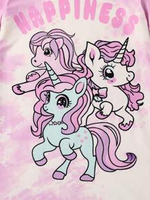 Camisón largo de manga corta con cuello redondo y estampado gráfico de unicornio para niñas preadolescentes, camisón de princesa para dormir, camisón de niña pequeña, camisón pijama para chicas