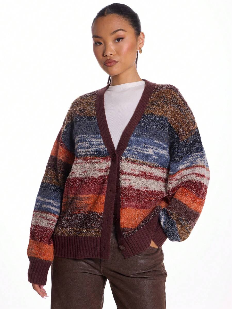 MUSERA Contrast Striped Knit Cardigan Spring Casual Y2k 90's Stripe Oversized Airport Outfits Festival - Multicolor - View 1