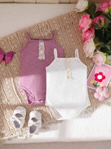 SHEIN 2 件套女婴休闲可爱连体衣，白色 + 深紫色，适合居家、休闲、运动，多件装 - 彩色 - 查看 1