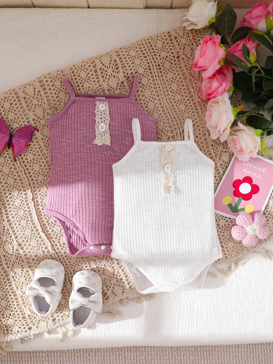 SHEIN 2 件套女婴休闲可爱连体衣，白色 + 深紫色，适合居家、休闲、运动，多件装 - 彩色 - 查看 1