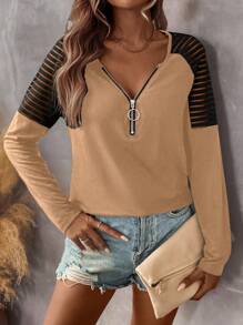 SHEIN LUNE Camiseta de punto casual con mangas raglán, cuello en V, cierre de cremallera expuesta y diseño de patchwork para mujer en otoño