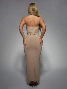 MISSGUIDED Strapless Bodycon Maxi Dress Floor Length Form Fitting Evening Gown Party Wedding Guest Banquet Formal Occasion Dress - Coffee - View 2