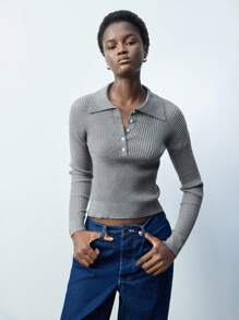 Maija Modern Versatile Women's Crew Neck Drop Shoulder Knitted Sweater With Shirt Collar, Grey, Suitable For Business Casual Wear Old Money In Fall/Winter