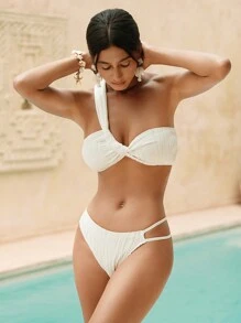 SHEIN Swim 3 件套女士沙滩装：纹理面料露肩上衣、抽绳侧裙、夏季海滩度假泳装 - 白色 - 查看 7