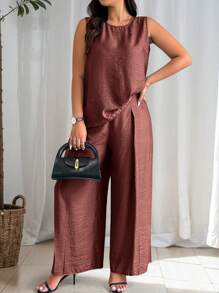 EMERY ROSE 大码女式纯色圆领吊带背心和阔腿裤两件套休闲套装