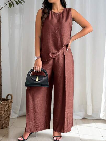 Plus Size Women Solid Color Crew Neck Tank Top And Wide Leg Pants Casual 2 Piece Set