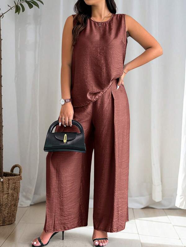 Plus Size Women Solid Color Crew Neck Tank Top And Wide Leg Pants Casual 2 Piece Set