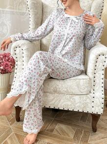 CottageSlumber 浪漫花卉蝴蝶结白色蕾丝女士睡衣套装 - 彩色 - 查看 6