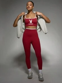 Missguided x Playboy Set sportivo da donna composto da reggiseno sportivo e leggings vita alta, per allenamento, palestra, yoga, danza e fitness, coordinato con logo - Bordò - Visualizzare 8