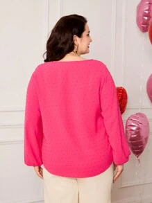 SHEIN Áo sơ mi tay dài thoải mái cổ tròn tay đèn lồng bằng vải jacquard mềm mại cỡ lớn cho nữ (Sản phẩm này được bán riêng, 2 món trang phục gia đình đồng bộ) - Màu Hồng Tươi - Xem 2