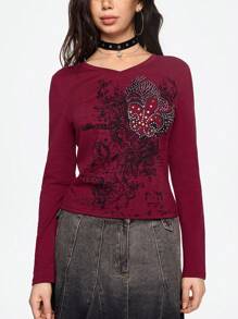 ROMWE Grunge Punk Áo thun tay dài in họa tiết đá pha lê cổ chữ V ngày lễ tình nhân cho nữ - Màu Đỏ Sâu - Xem 7