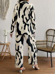 SHEIN 2pcs Maternity Set: Solid Color Lapel Long Sleeve Shirt Top And Casual Pants - Multicolor - View 2