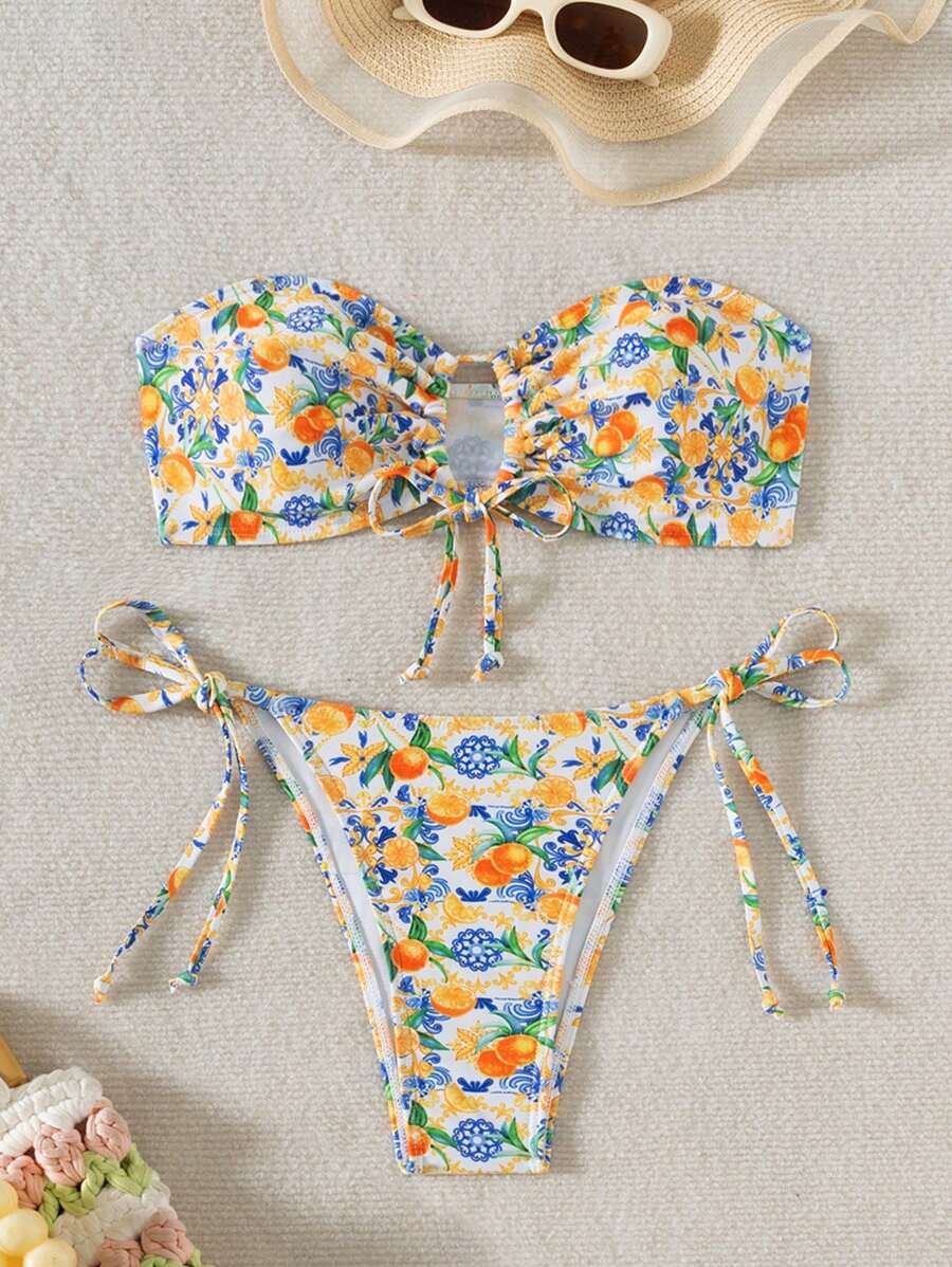 SHEIN Swim Summer European Floral Patchwork & Tropical Fruit Print Front Tied Bandeau Bikini Set - Multicolor - View 1