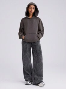 Muchica Damen Sweatshirt mit Kapuze, Kordel und Tasche, einfarbig, Lange Ärmel, Lässig, Verwaschen, Sportlich - Grau - Übersicht 5