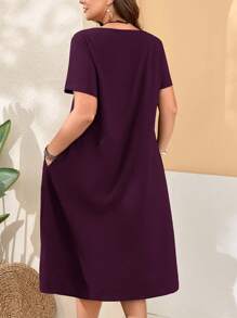 EMERY ROSE Đầm xanh cổ tròn tay ngắn cài nút rộng rãi cho nữ cỡ lớn có túi xẻ tà bên hông cho mùa xuân - Màu tím - Xem 2