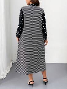 SHEIN Clasi Vestido casual suelto de mujer talla grande con estampado de lunares y cuello con lazo a rayas