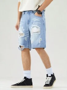 Manfinity Hypemode Men's Loose Casual Bermuda Distressed Denim Shorts With Pockets