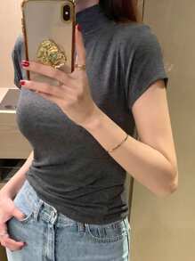DAZY Women Solid Color Slim Fit Turtleneck Short Sleeve T-Shirt, Deep Gray, Spring/Summer Preppy Tops - Dark Grey - View 4