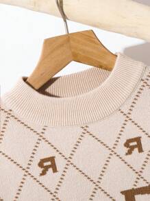 Tween Boys Casual Loose Letter Allover Jacquard Pattern Crew Neck Sweater, Suitable For Commuting, School, Daily Casual Wear, Sports, Spring Summer Autumn Winter