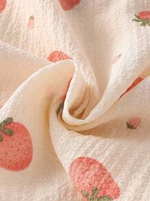 2pcs Young Girl Strawberry Print Ruched Fabric Short Sleeve Shirt & Ruffle Neck Shorts Set, Loungewear - Apricot - View 4