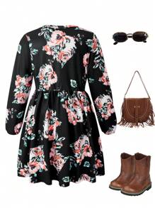 Young Girls Fashion Long Sleeve Floral Print Waist-Cinched Maxi Dress, Beach Dress - Multicolor - View 2