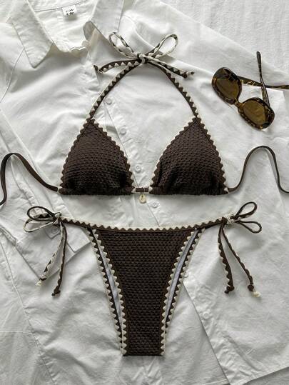 Swim Mod Bộ đồ bơi hai mảnh vải jacquard màu trơn có dây buộc bèo nhún cho nữ, mùa hè