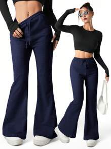 SHEIN Sparklyn Teen Girl Casual Fashion Drawstring Waist Fitted Flared Sweatpants