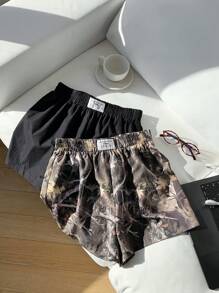 Comfortcana 2pcs Set Plant Print Black Cargo Loose Plus Size Shorts,Summer Clothes
