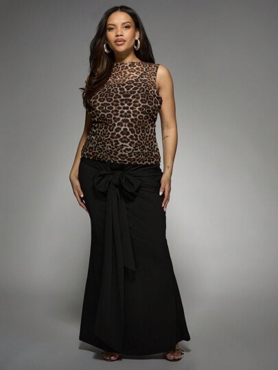 MISSGUIDED MISSGUIDED PLUS Elegante falda larga maxi con nudo delantero, de longitud hasta el piso, para ocasiones formales y especiales, de talla grande, con lazo dramático, para otoño e invierno