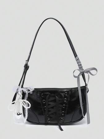 Kawaii Borsa baguette vintage da donna con catena, decorata con fiocco e perle, stile ballerina, con dettaglio in pizzo sulla spalla e sottomanica