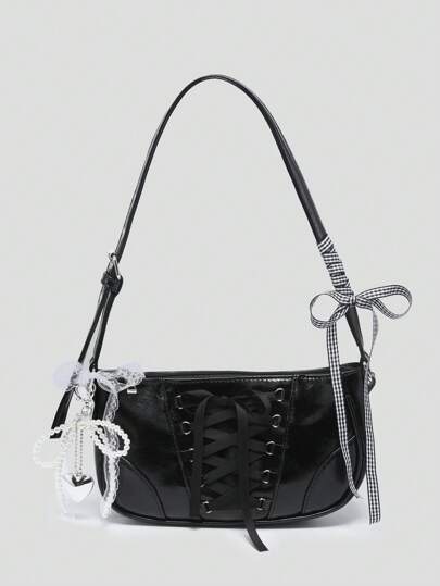 Kawaii Borsa baguette vintage da donna con catena, decorata con fiocco e perle, stile ballerina, con dettaglio in pizzo sulla spalla e sottomanica