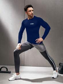 Manfinity Running Men Crew Neck Long Sleeve Letter Print Slim Fit Casual Sports Base Layer