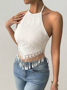 Chiquease Women's Halter Neck Tie Back Fringe Hem Casual Top, Daily Wear - White - View 5