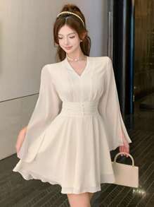 DAZY Women V-Neck Long Sleeve Minimalist Elegant Short Party Dress Prom Dress Sundress,Fall Dress