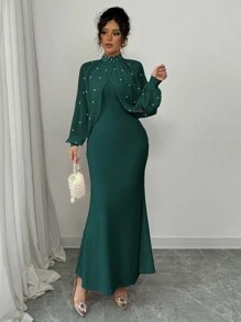 Elenzga 优雅珍珠串珠领美人鱼连衣裙，秋季长款女装 - 墨綠色 - 查看 3