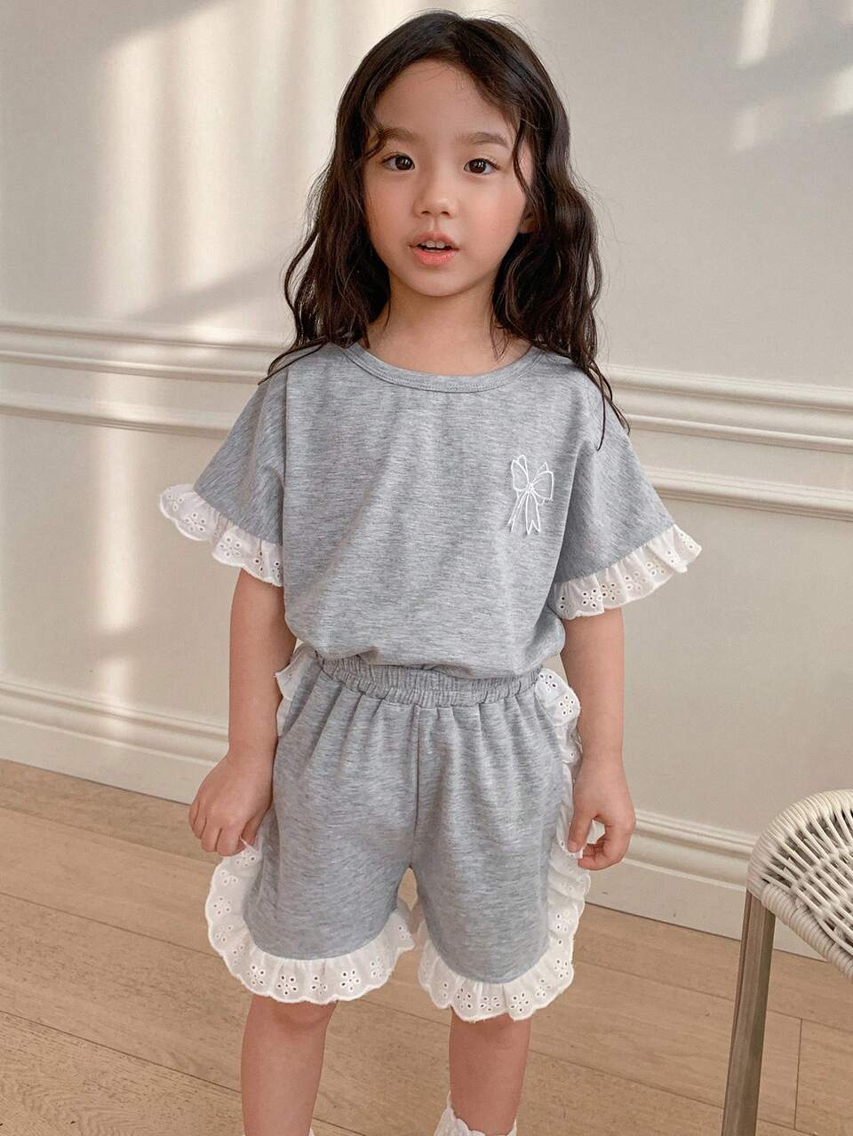2 PCS Young Girl Solid Color Patchwork Round Neck Short Sleeve T-Shirt And Shorts Set,Girls Summer Outfits