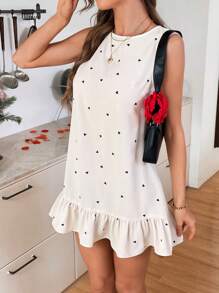 SHEIN LUNE 女士休闲心形图案荷叶边无袖迷你连衣裙，日常基本款夏季连衣裙情人节连衣裙生日服装女士连衣裙夏季商务休闲女装 - 白色 - 查看 5
