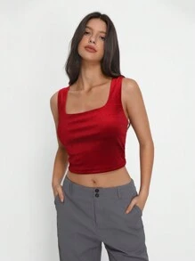 TRNVIE Women's Fashion Red Square Neck Sleeveless Casual Versatile Tank Top - Red - View 1