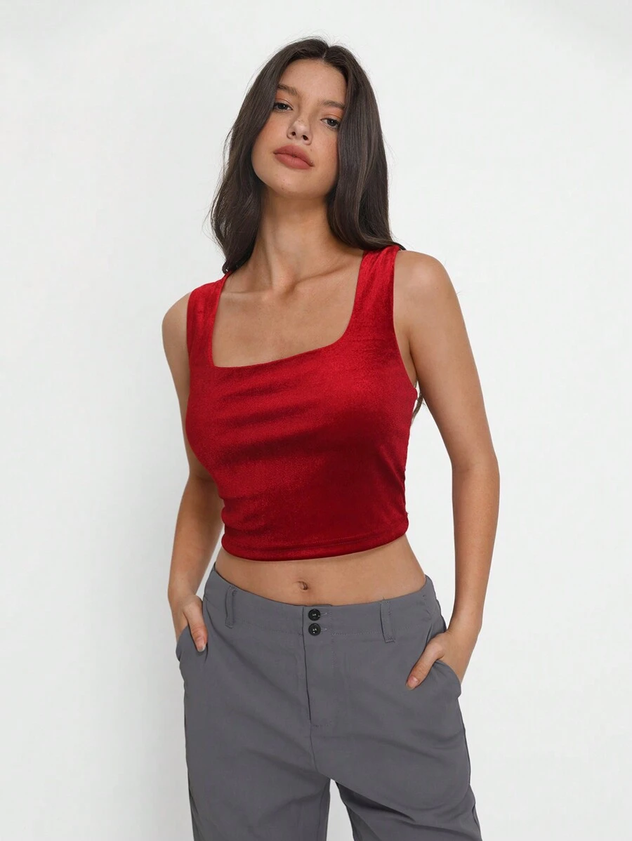 TRNVIE Women's Fashion Red Square Neck Sleeveless Casual Versatile Tank Top - Red - View 1