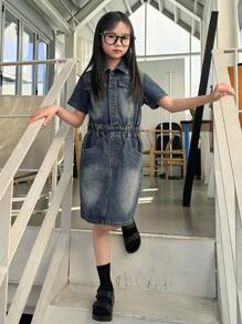 DAZY Tween Girl Denim Collared Short Sleeve Dress - Blue - View 9