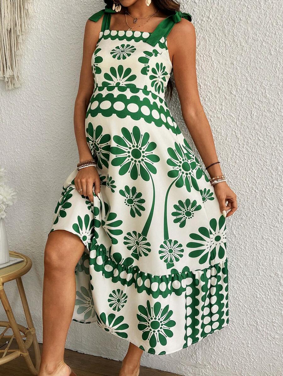 SHEIN 花卉印花系肩休闲孕妇装，适合海滩/度假 - 彩色 - 查看 1