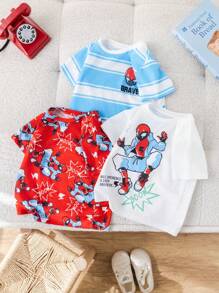 SHEIN Compra dos y llévate gratis. Camisa de punto de manga corta con cuello redondo suave y cómoda, de estilo casual y sencillo, práctica y versátil, adecuada para uso diario, la escuela, los viajes y los deportes, en primavera y verano, para niños pequeños.