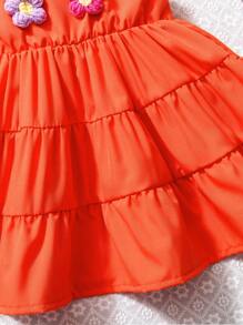 SHEIN Babygirl 橙色彩色 3D 花朵吊带背心裙，夏季 - 橘色 - 查看 5