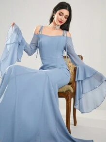 Modelyn 女士超长纯色长袖连衣裙，简约时尚休闲日常穿着 - 藍色 - 查看 1
