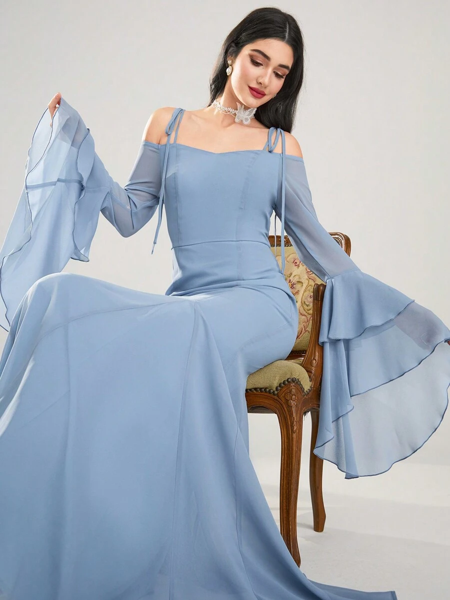 Modelyn 女士超长纯色长袖连衣裙，简约时尚休闲日常穿着 - 藍色 - 查看 1