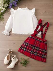 2pcs Young Girl  Solid Color Ruffle Trim Casual Shirt And Woven Bib Overall Dress Red Plaid Christmas Suit,Suitable For Christmas And Everyday Wear - Multicolor - View 4