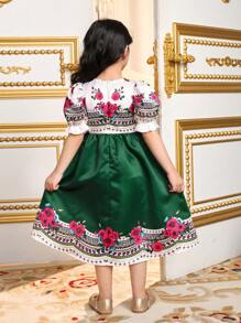 SHEIN DRMZ Young Girl Loose Vacation Style Floral Printed Dress With Puffy Sleeves And Round Neck, Matching Family Vacation ,National Floral Vintage Rose Print Midi Dresses. - Multicolor - View 5