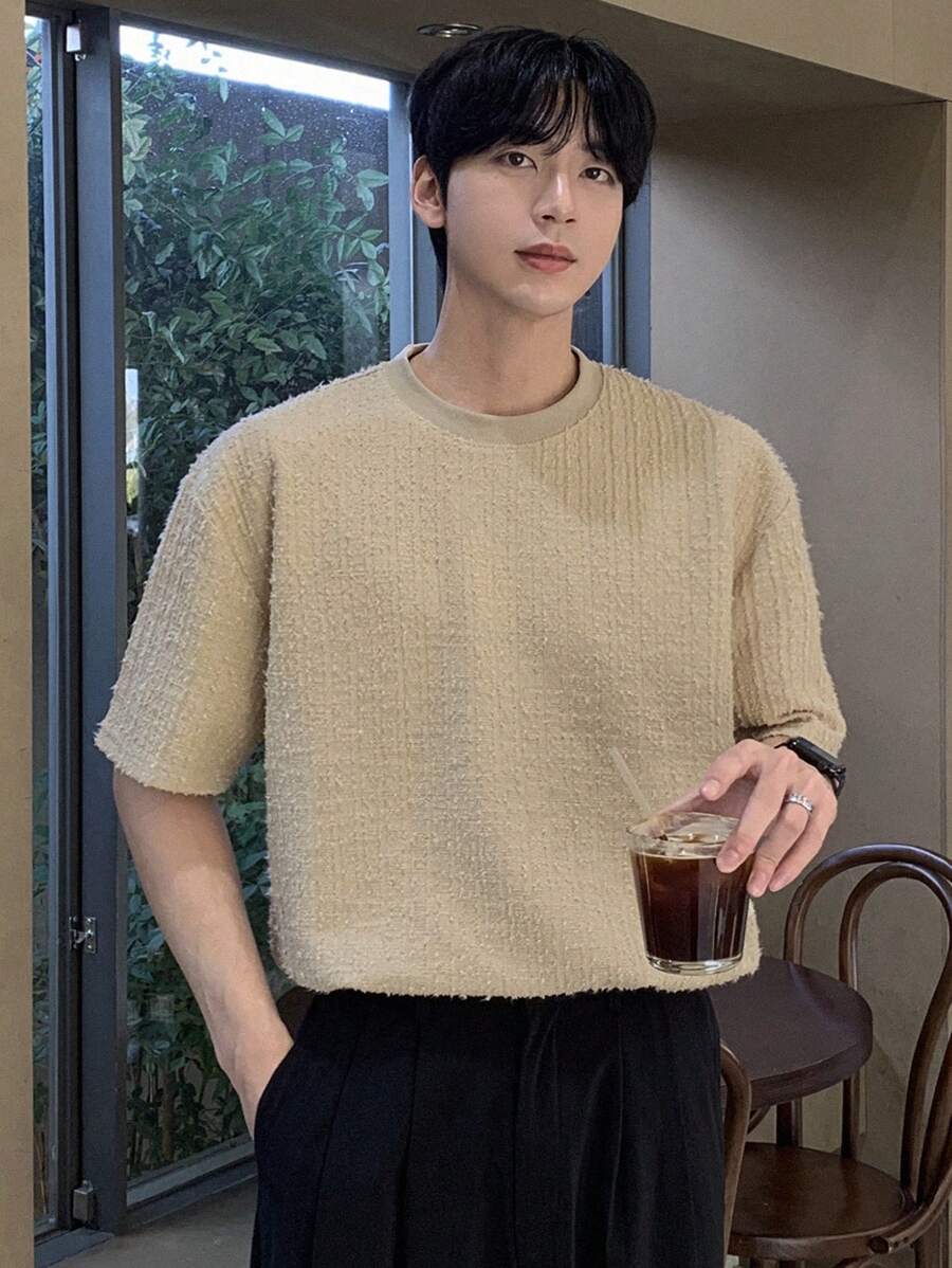 DAZY Summer Textured Khaki Men Short Sleeve T-Shirt - Khaki - View 1