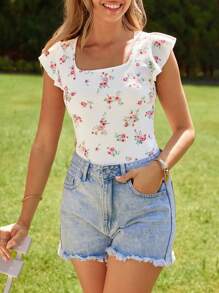 SHEIN VCAY 女士方领盖袖小碎花度假 T 恤 - 彩色 - 查看 5