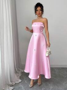 Elenzga Solid Color Halter A-Line Mid-Long Rhinestone Embellished Elegant Dress For Women, Valentine's Day - Pink - View 6